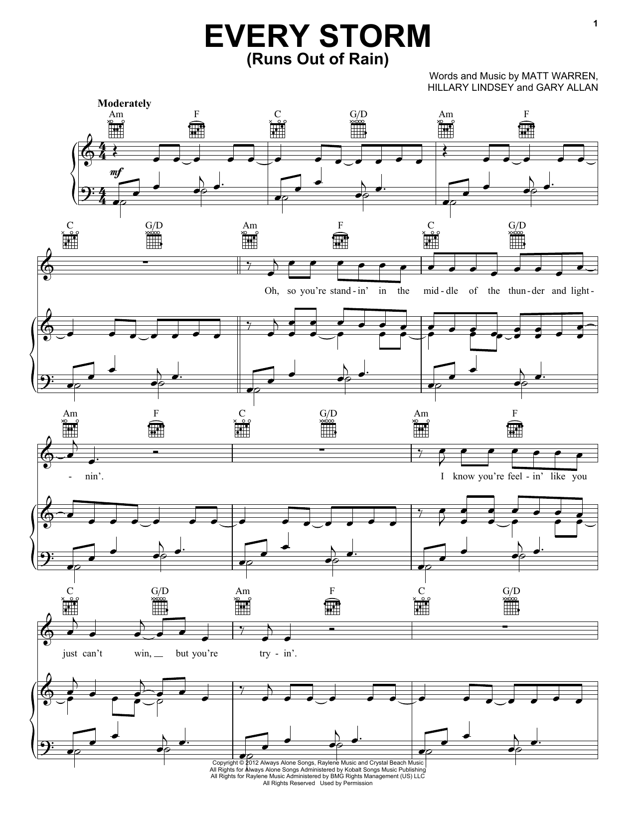 Gary Allan Every Storm (Runs Out Of Rain) Sheet Music Notes & Chords for Easy Piano - Download or Print PDF