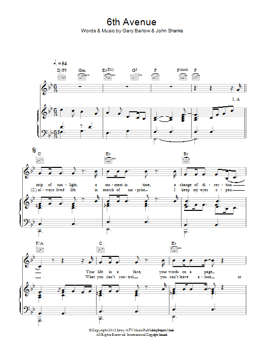 Gary Barlow 6th Avenue Sheet Music Notes & Chords for Piano, Vocal & Guitar (Right-Hand Melody) - Download or Print PDF