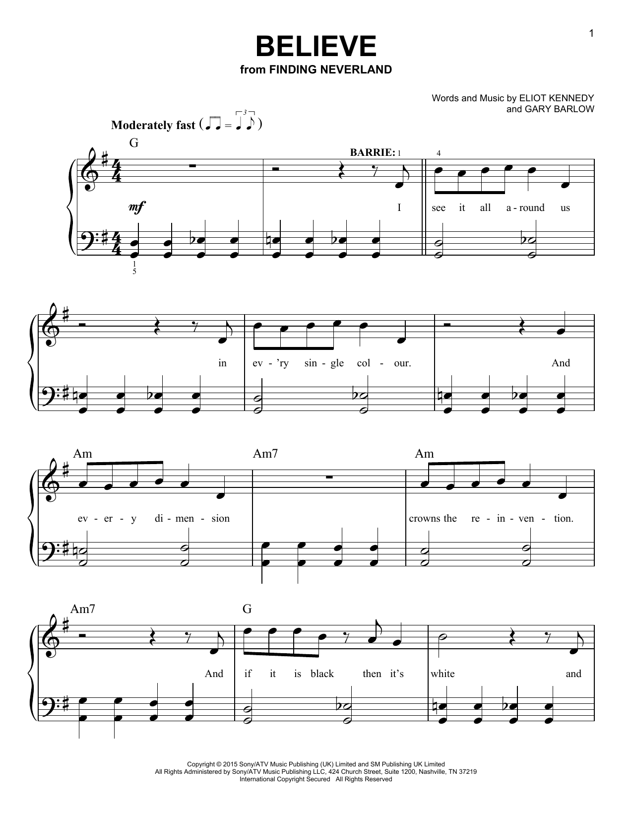 Gary Barlow & Eliot Kennedy Believe (from 'Finding Neverland') Sheet Music Notes & Chords for Easy Piano - Download or Print PDF