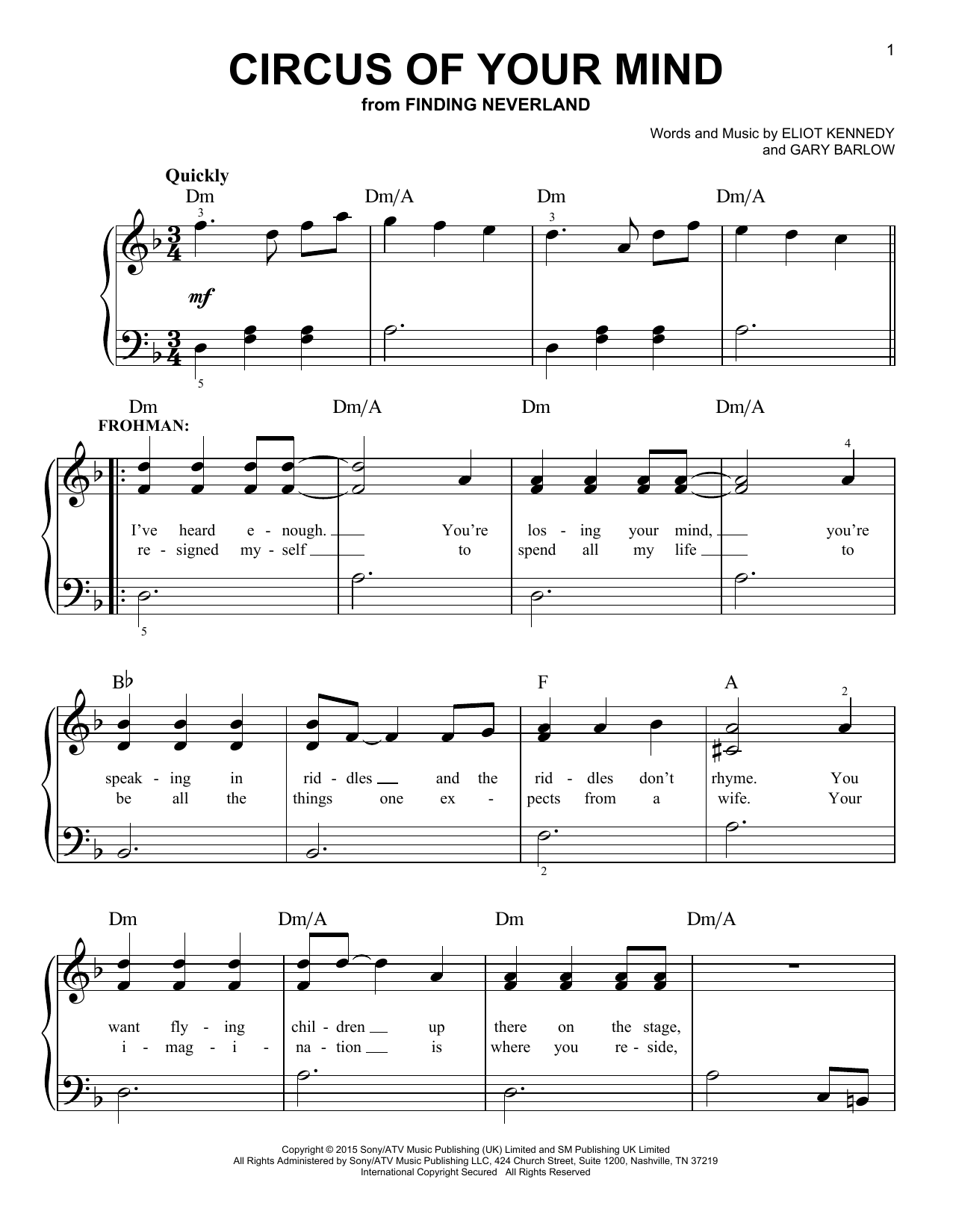 Gary Barlow & Eliot Kennedy Circus Of Your Mind (from 'Finding Neverland') Sheet Music Notes & Chords for Easy Piano - Download or Print PDF