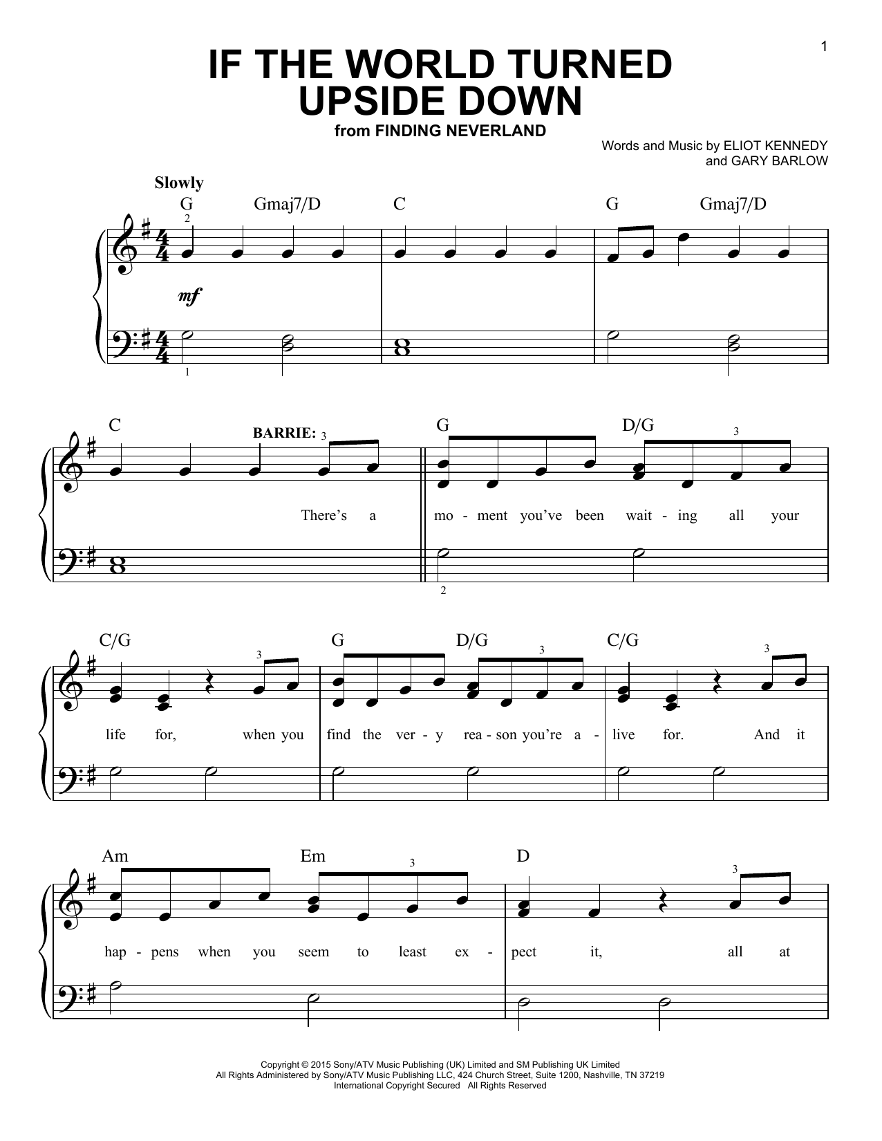 Gary Barlow & Eliot Kennedy If The World Turned Upside Down (from 'Finding Neverland') Sheet Music Notes & Chords for Easy Piano - Download or Print PDF