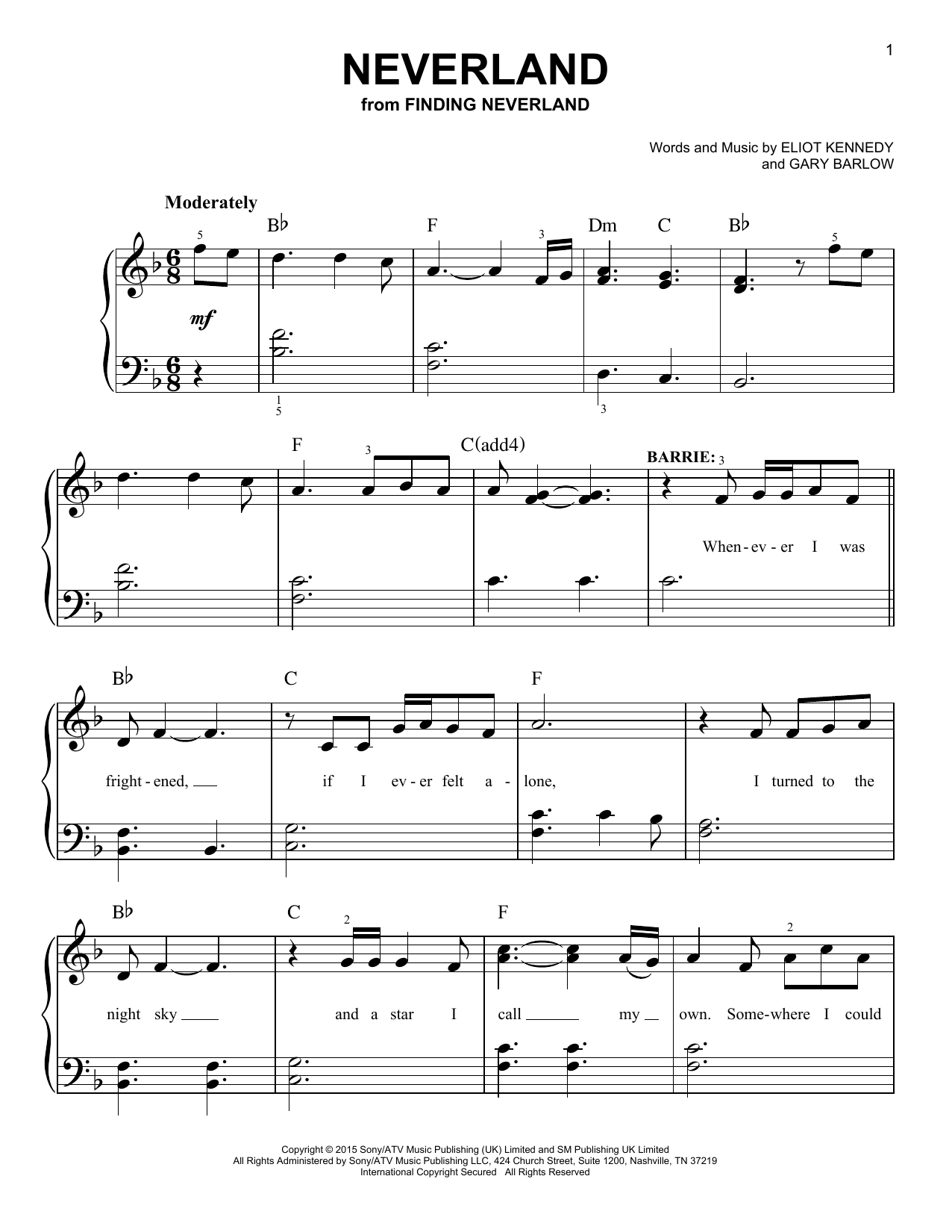 Gary Barlow & Eliot Kennedy Neverland (from 'Finding Neverland') Sheet Music Notes & Chords for Easy Piano - Download or Print PDF