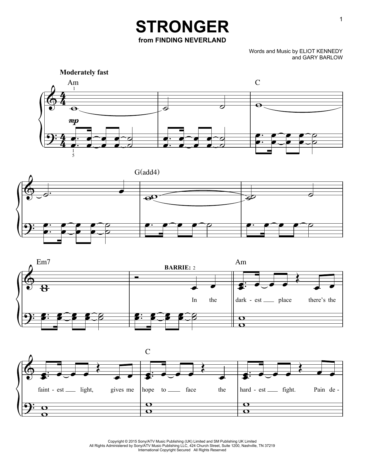 Gary Barlow & Eliot Kennedy Stronger (from 'Finding Neverland') Sheet Music Notes & Chords for Easy Piano - Download or Print PDF