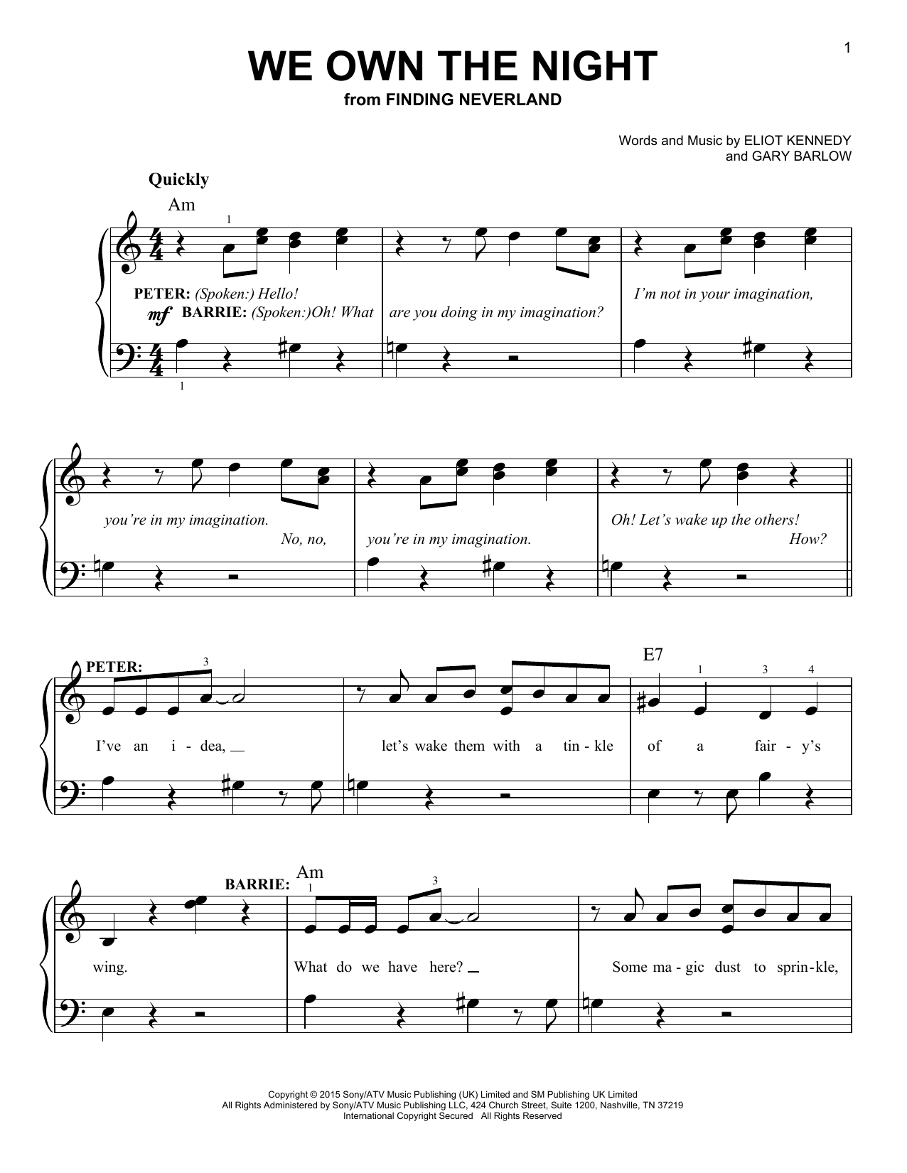 Gary Barlow & Eliot Kennedy We Own The Night (from 'Finding Neverland') Sheet Music Notes & Chords for Easy Piano - Download or Print PDF