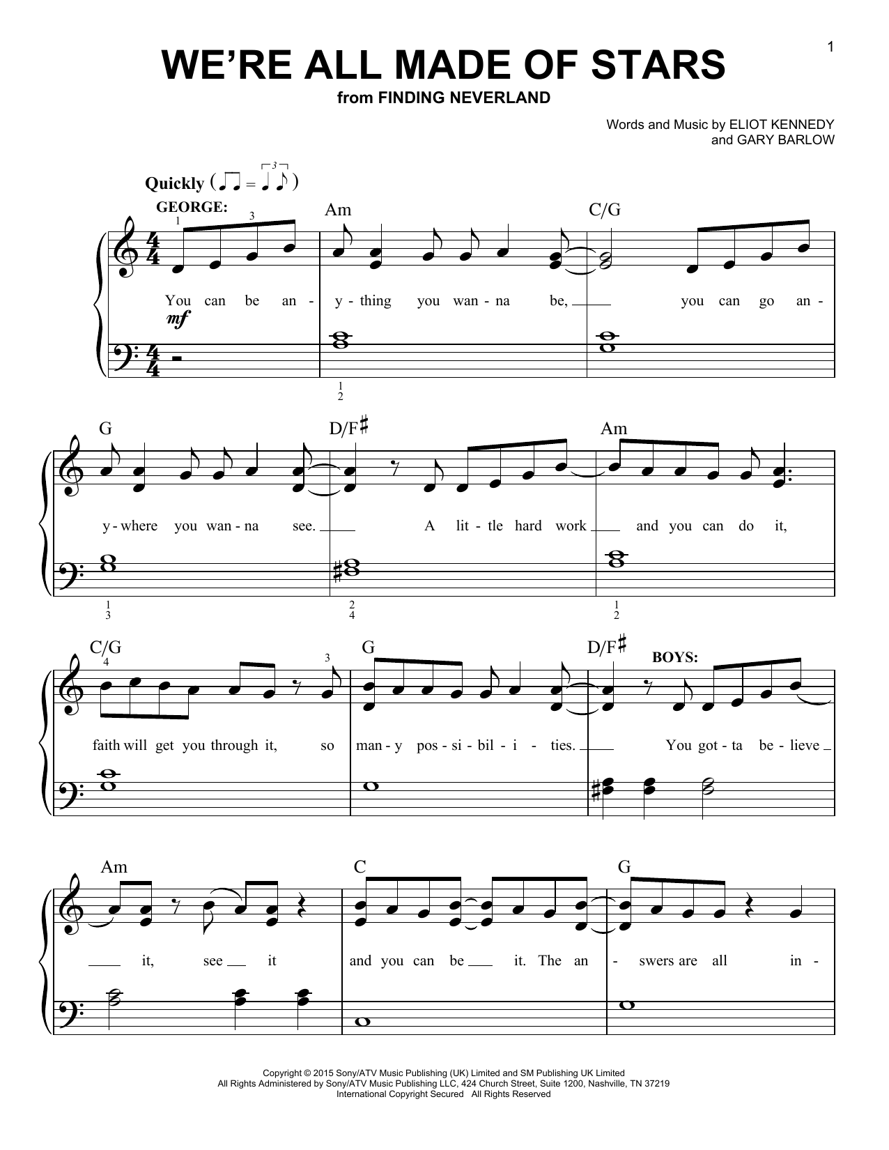 Gary Barlow & Eliot Kennedy We're All Made Of Stars (from 'Finding Neverland') Sheet Music Notes & Chords for Easy Piano - Download or Print PDF
