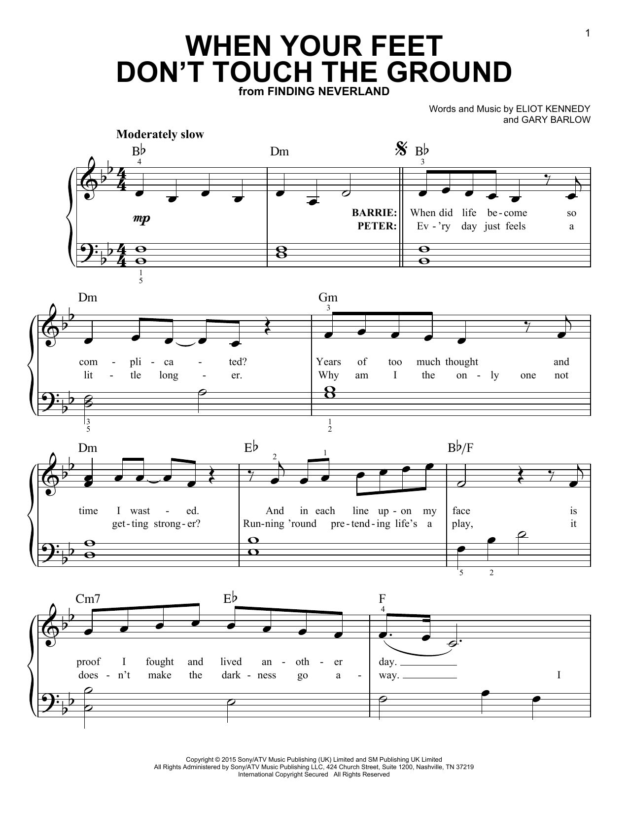 Gary Barlow & Eliot Kennedy When Your Feet Don't Touch The Ground (from 'Finding Neverland') Sheet Music Notes & Chords for Easy Piano - Download or Print PDF