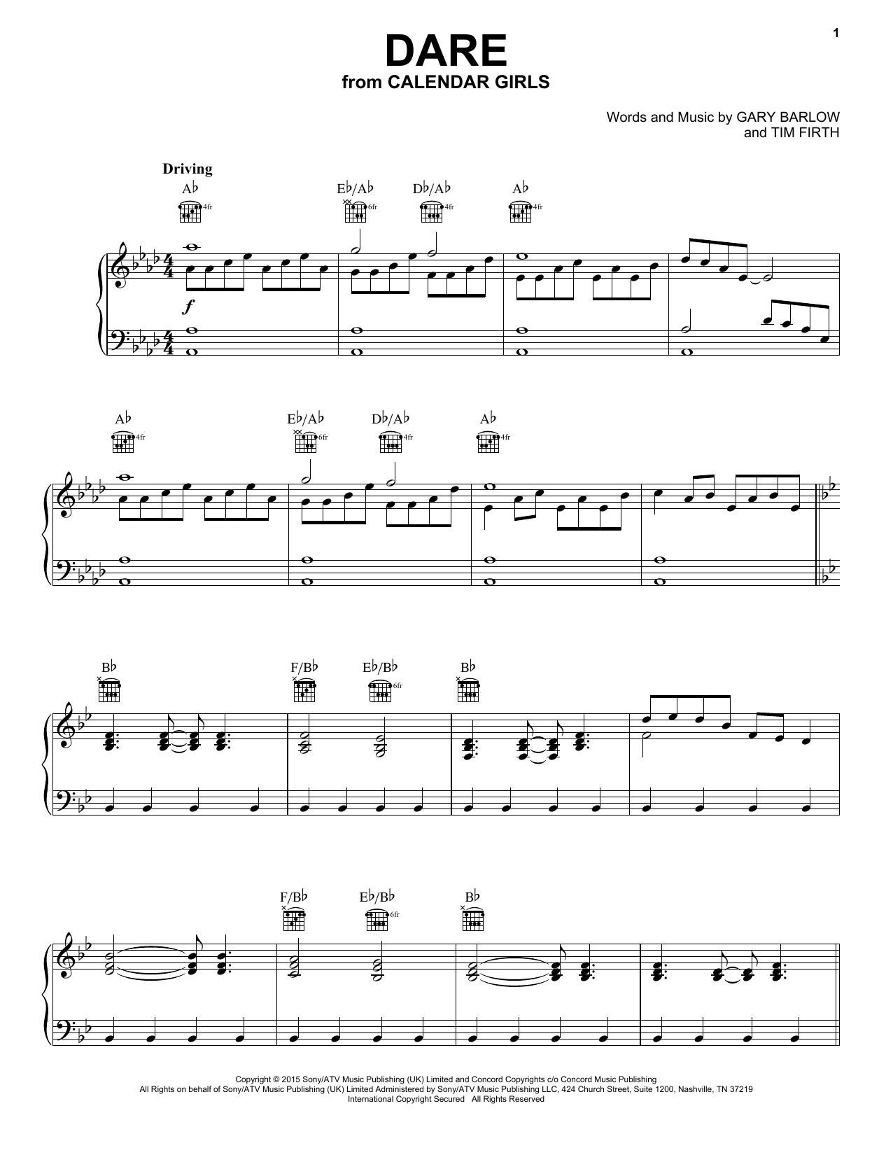 Gary Barlow and Tim Firth Dare (from Calendar Girls the Musical) Sheet Music Notes & Chords for Piano, Vocal & Guitar (Right-Hand Melody) - Download or Print PDF