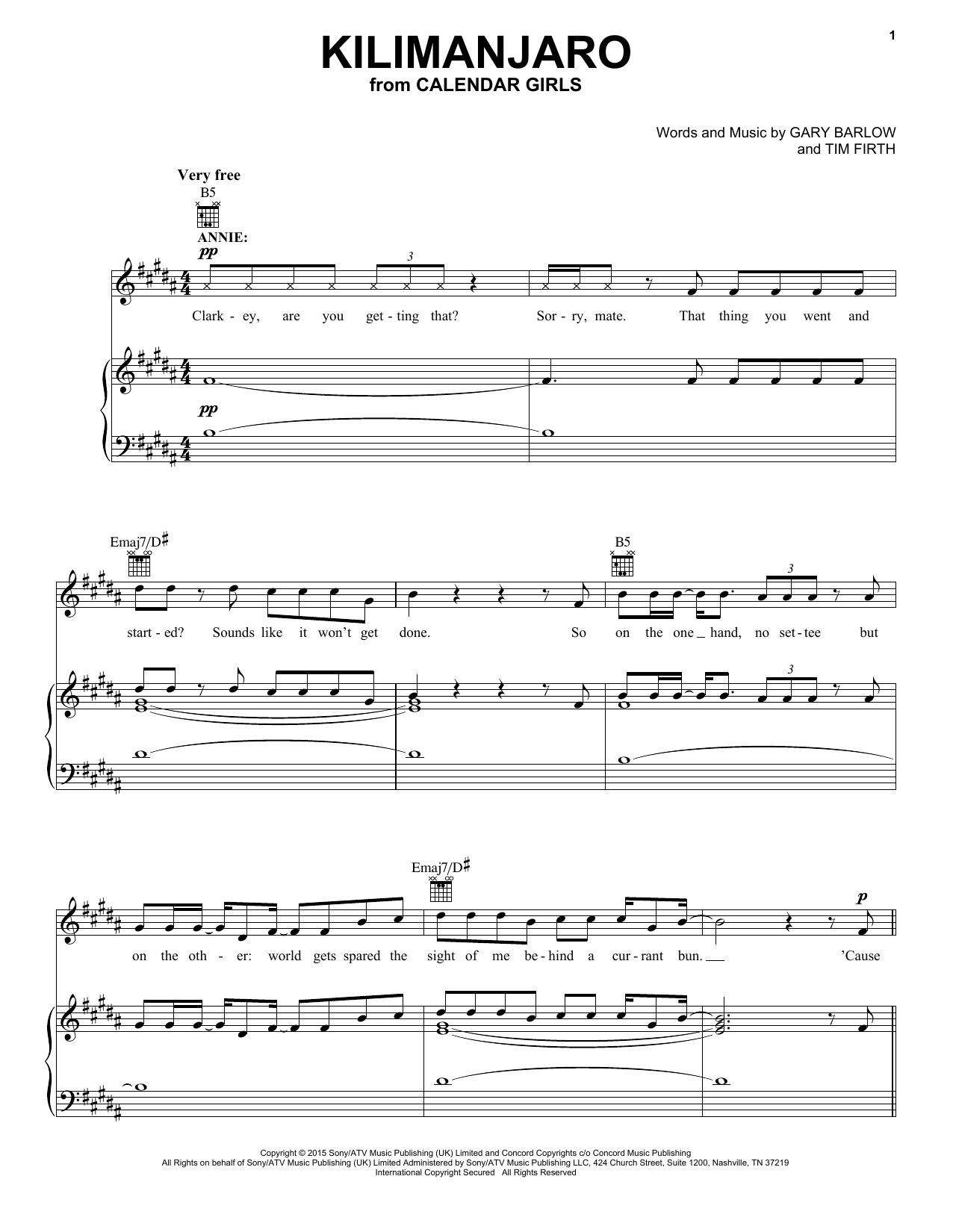 Gary Barlow and Tim Firth Kilimanjaro (from Calendar Girls the Musical) Sheet Music Notes & Chords for Piano, Vocal & Guitar (Right-Hand Melody) - Download or Print PDF