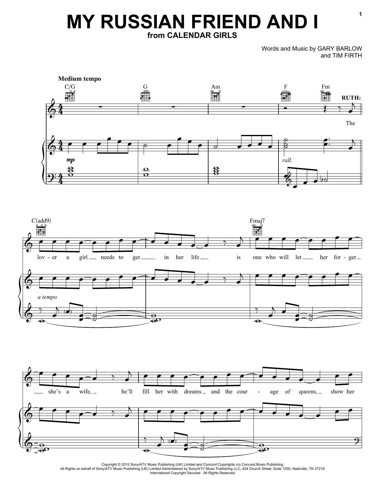 Gary Barlow and Tim Firth My Russian Friend And I (from Calendar Girls the Musical) Sheet Music Notes & Chords for Piano, Vocal & Guitar (Right-Hand Melody) - Download or Print PDF