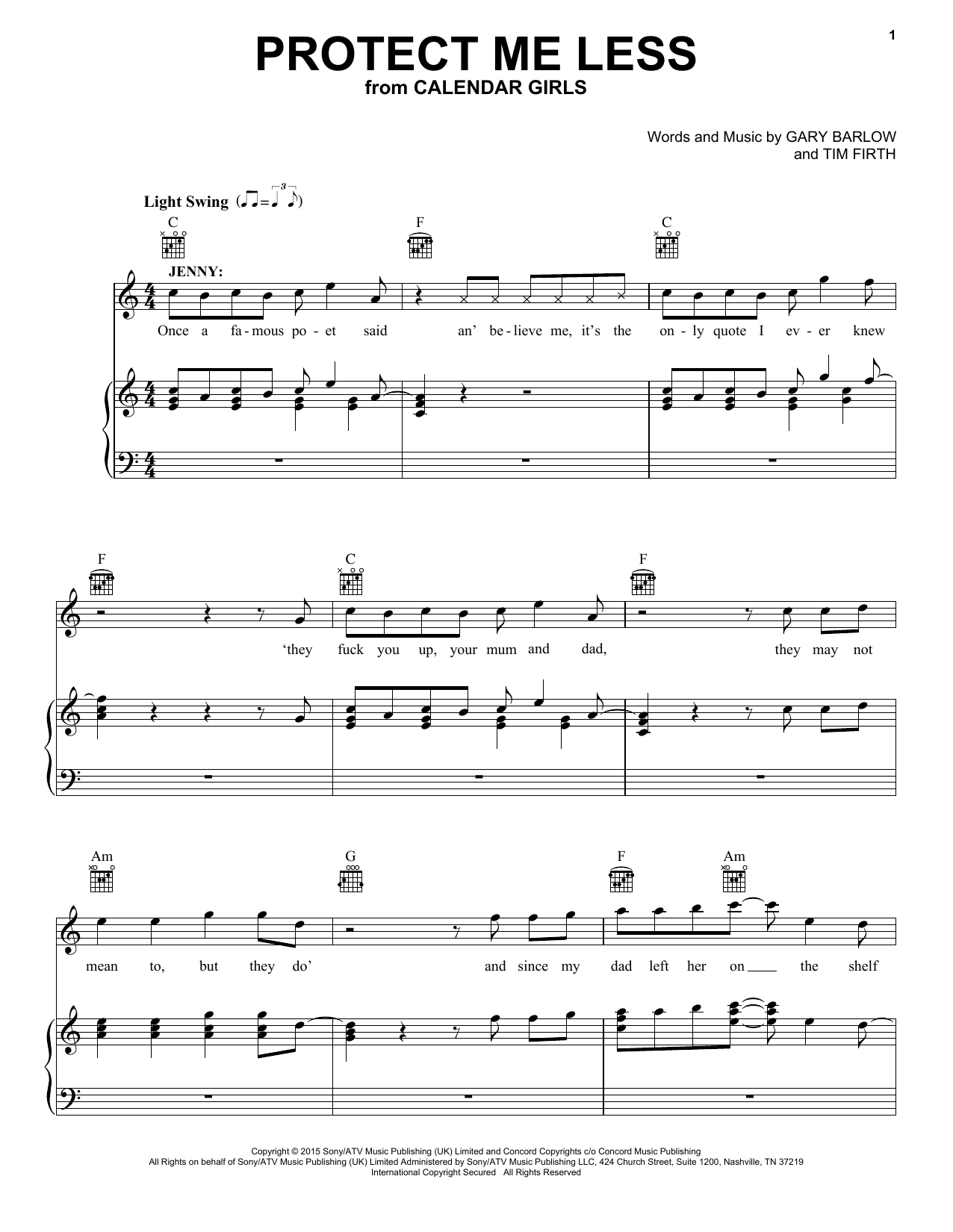 Gary Barlow and Tim Firth Protect Me Less (from Calendar Girls the Musical) Sheet Music Notes & Chords for Piano, Vocal & Guitar (Right-Hand Melody) - Download or Print PDF