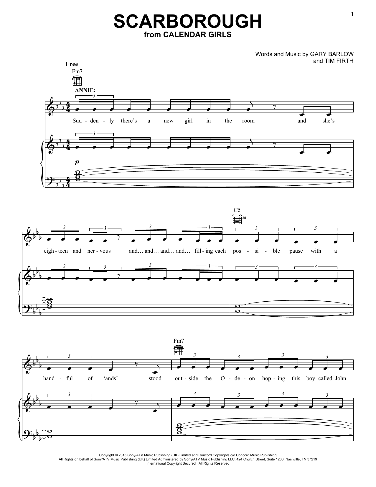 Gary Barlow and Tim Firth Scarborough (from Calendar Girls the Musical) Sheet Music Notes & Chords for Piano, Vocal & Guitar (Right-Hand Melody) - Download or Print PDF