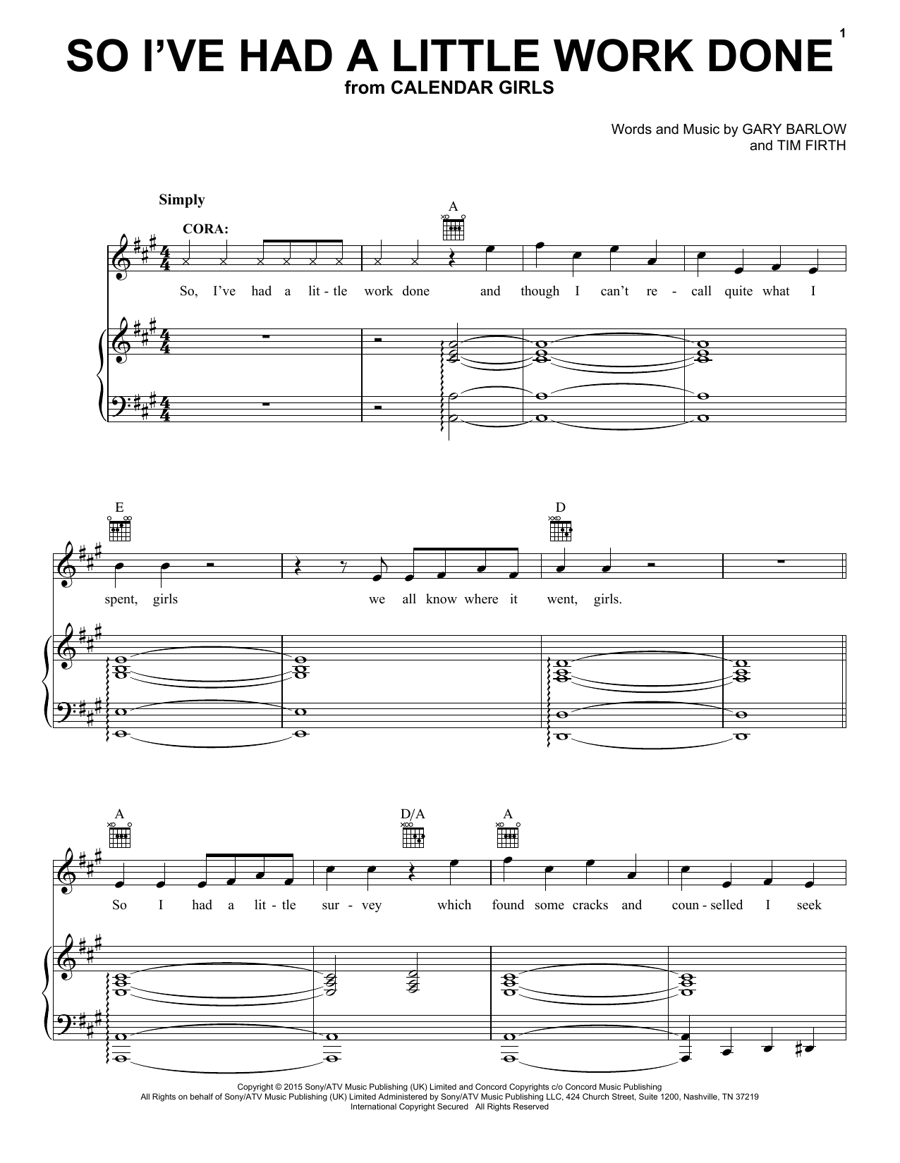 Gary Barlow and Tim Firth So I've Had A Little Work Done (from Calendar Girls the Musical) Sheet Music Notes & Chords for Piano, Vocal & Guitar (Right-Hand Melody) - Download or Print PDF