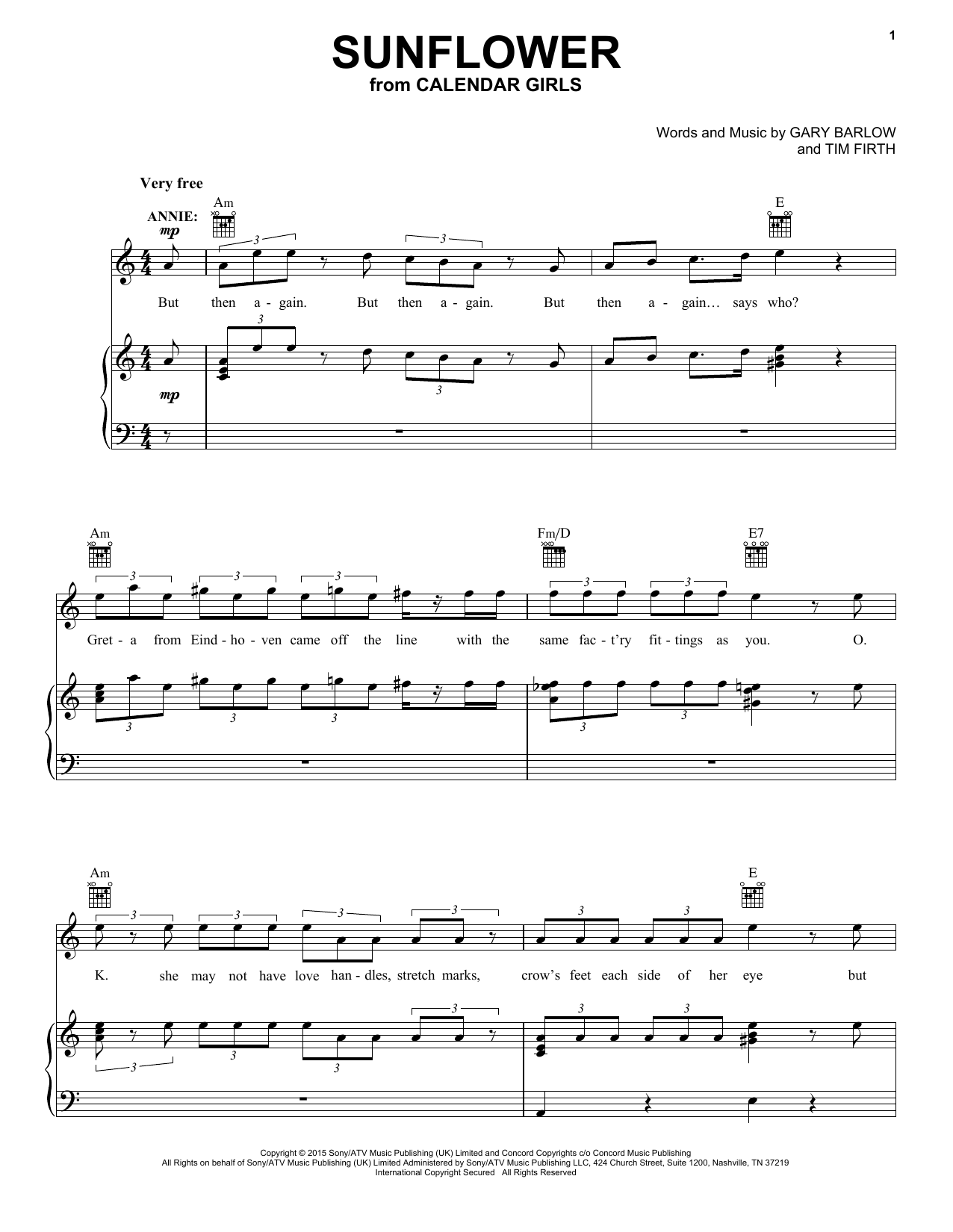 Gary Barlow and Tim Firth Sunflower (from Calendar Girls the Musical) Sheet Music Notes & Chords for Piano, Vocal & Guitar (Right-Hand Melody) - Download or Print PDF