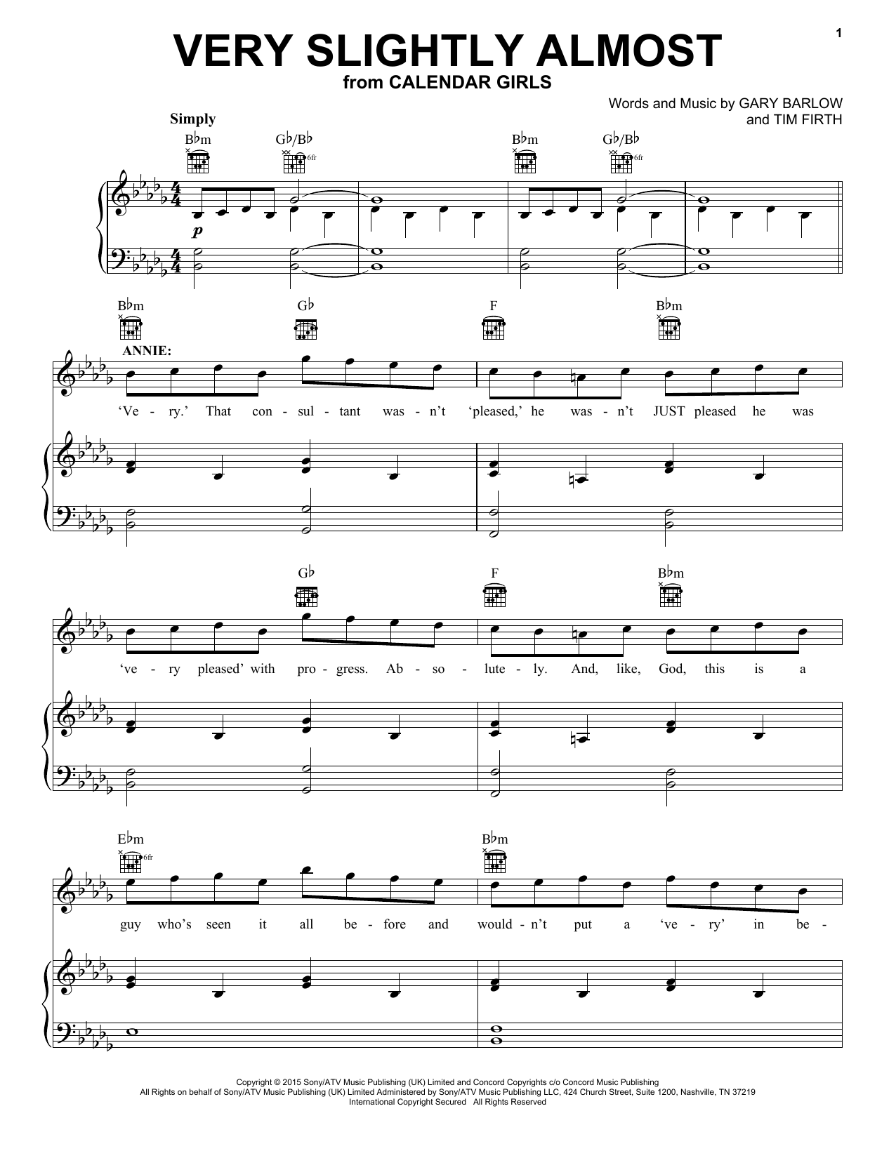 Gary Barlow and Tim Firth Very Slightly Almost (from Calendar Girls the Musical) Sheet Music Notes & Chords for Piano, Vocal & Guitar (Right-Hand Melody) - Download or Print PDF