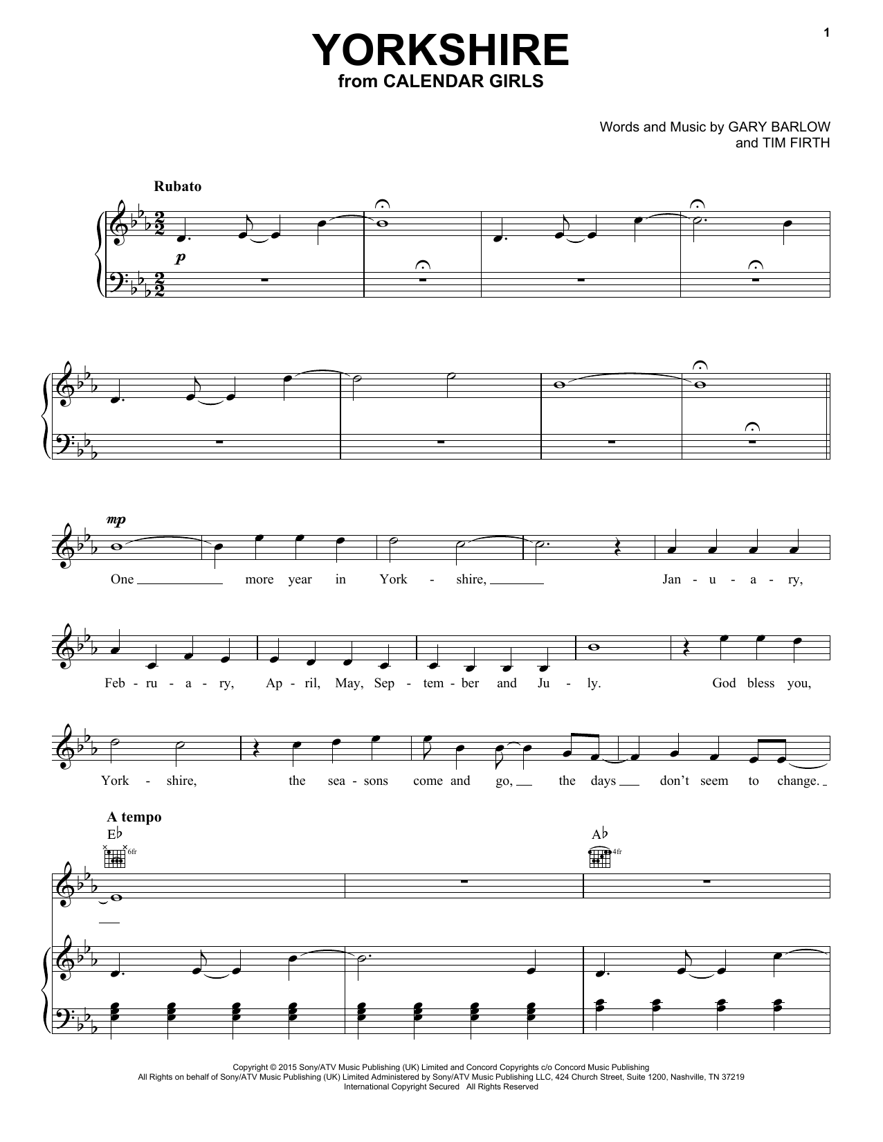 Gary Barlow and Tim Firth Yorkshire (from Calendar Girls the Musical) Sheet Music Notes & Chords for Piano, Vocal & Guitar (Right-Hand Melody) - Download or Print PDF