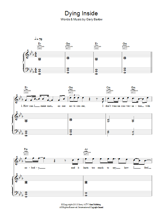 Gary Barlow Dying Inside Sheet Music Notes & Chords for Piano, Vocal & Guitar - Download or Print PDF