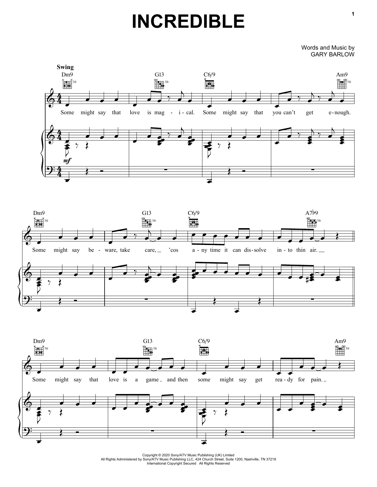 Gary Barlow Incredible Sheet Music Notes & Chords for Piano, Vocal & Guitar (Right-Hand Melody) - Download or Print PDF