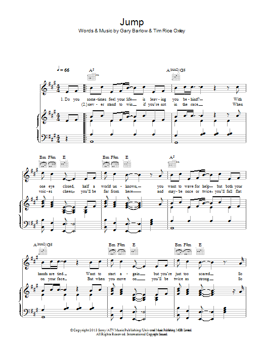 Gary Barlow Jump Sheet Music Notes & Chords for Piano, Vocal & Guitar (Right-Hand Melody) - Download or Print PDF