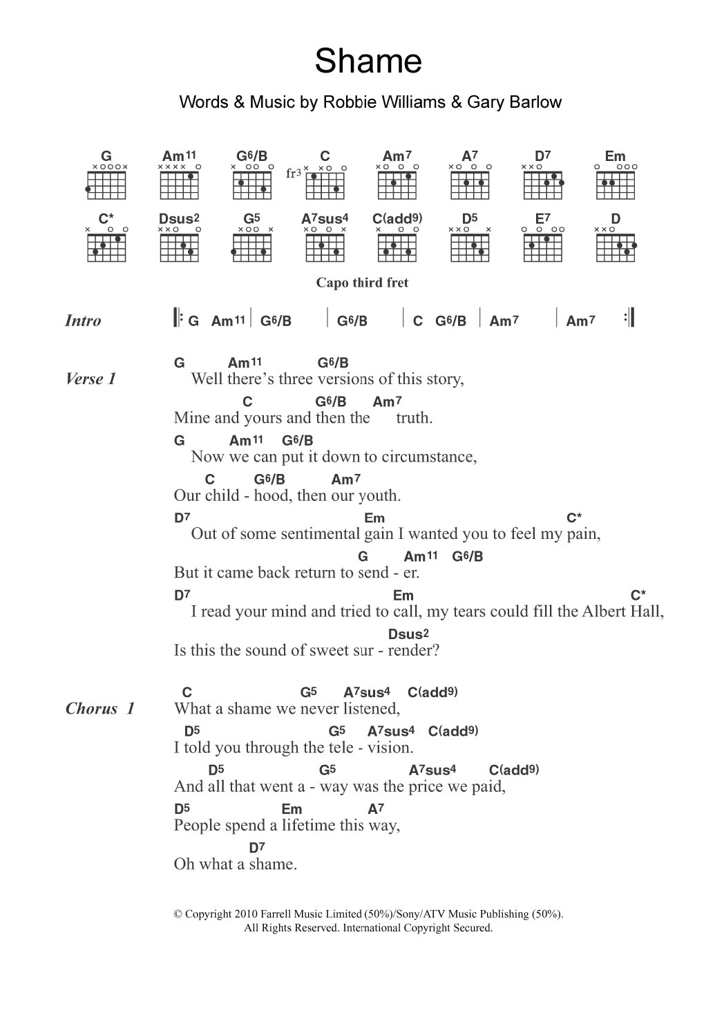 Gary Barlow Shame Sheet Music Notes & Chords for Lyrics & Chords - Download or Print PDF