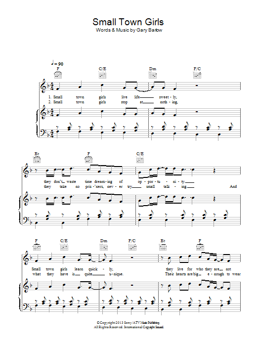 Gary Barlow Small Town Girls Sheet Music Notes & Chords for Piano, Vocal & Guitar (Right-Hand Melody) - Download or Print PDF