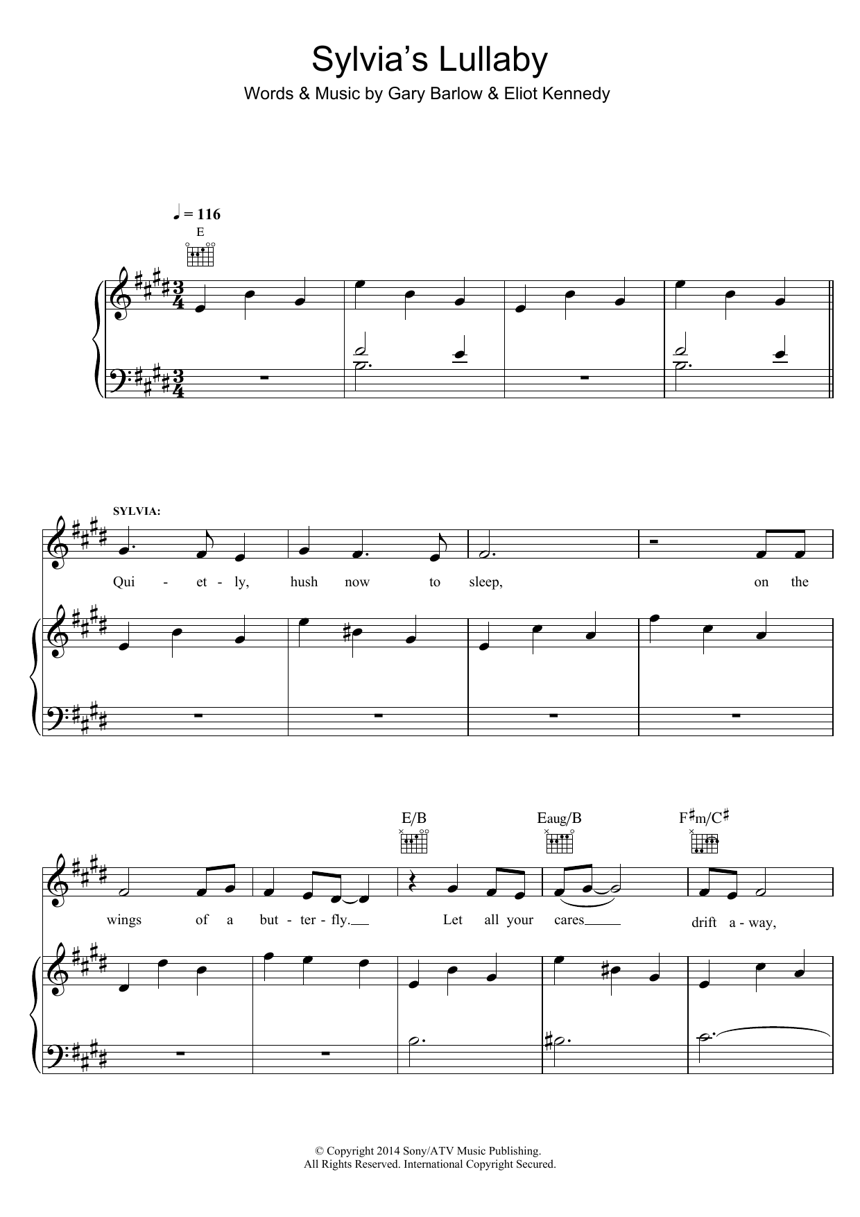 Gary Barlow Sylvia's Lullaby (from 'Finding Neverland') Sheet Music Notes & Chords for Piano, Vocal & Guitar (Right-Hand Melody) - Download or Print PDF