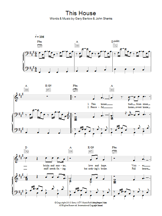 Gary Barlow This House Sheet Music Notes & Chords for Piano, Vocal & Guitar (Right-Hand Melody) - Download or Print PDF