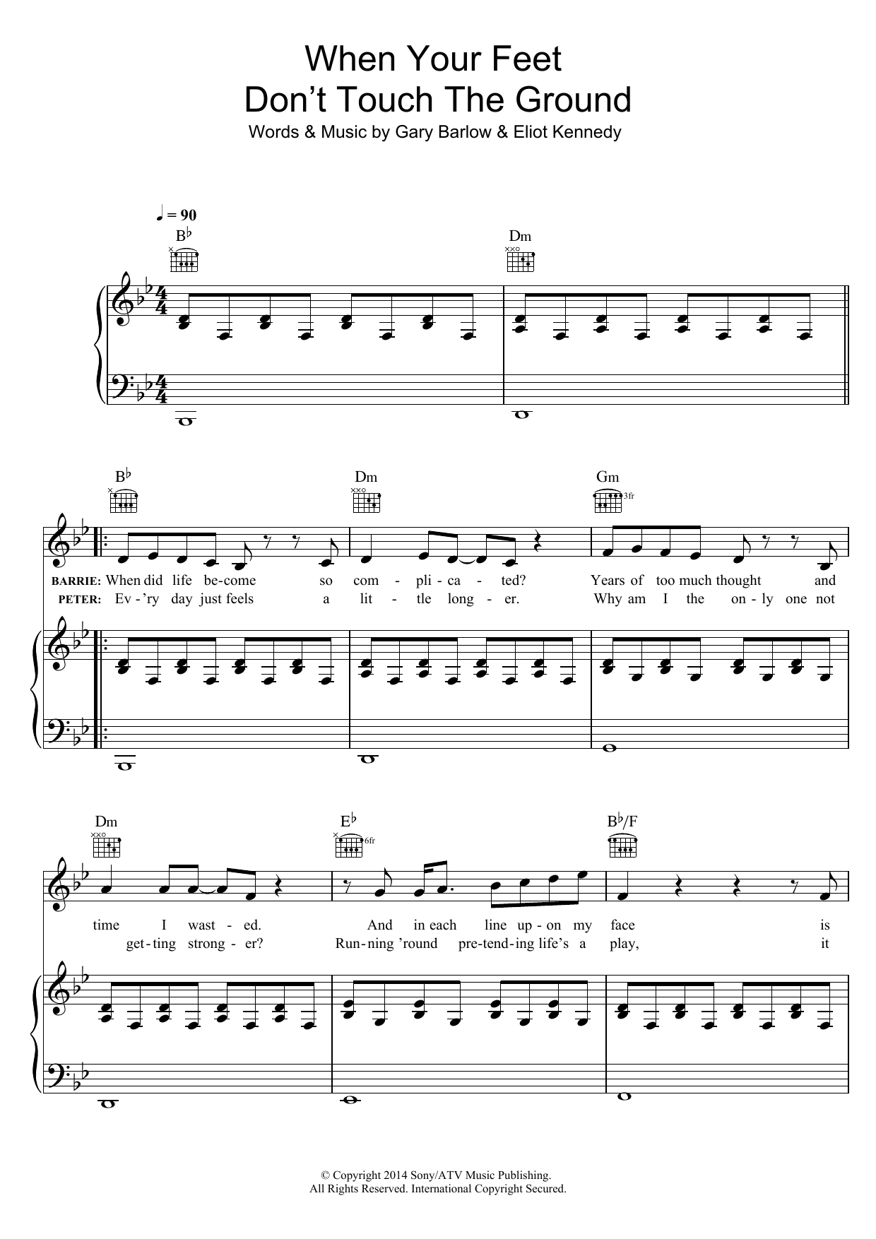 Gary Barlow When Your Feet Don't Touch The Ground (from 'Finding Neverland') Sheet Music Notes & Chords for Piano, Vocal & Guitar (Right-Hand Melody) - Download or Print PDF
