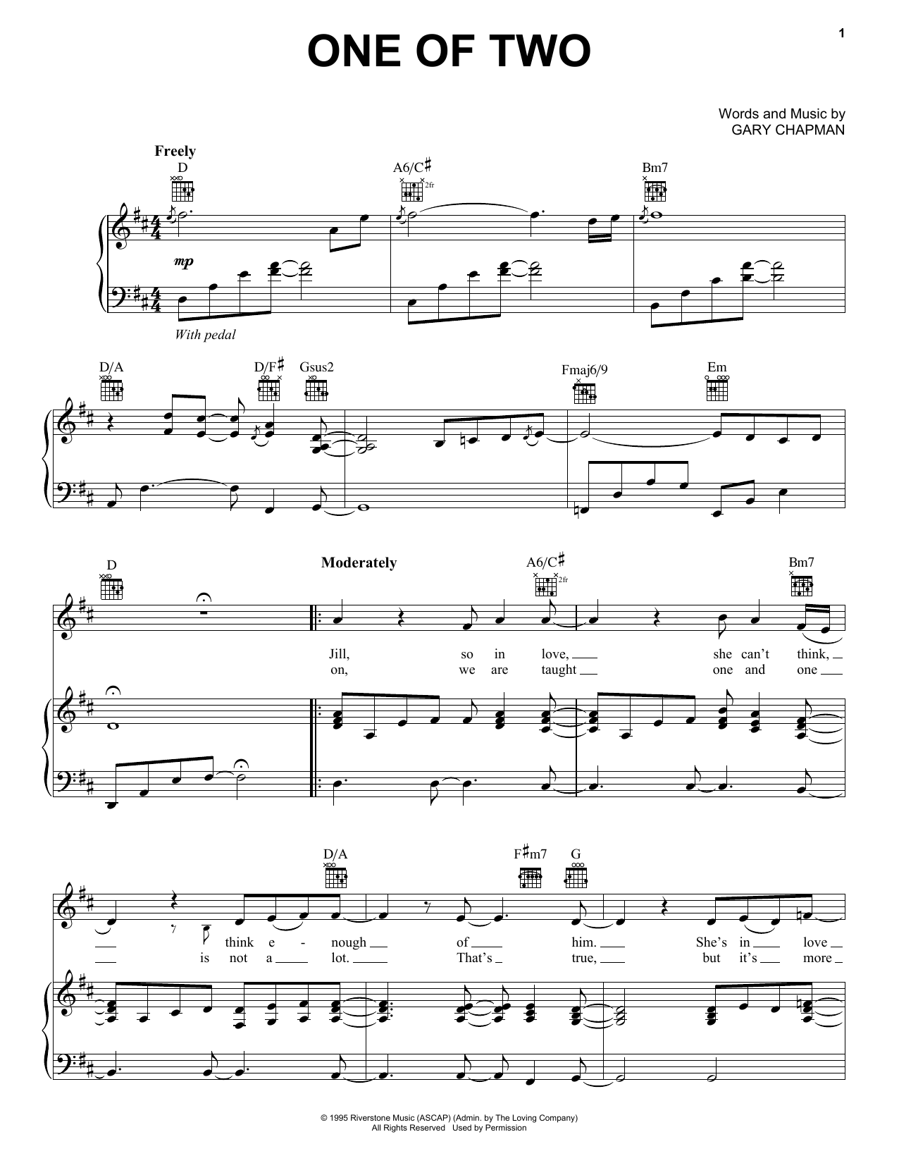 Gary Chapman One Of Two Sheet Music Notes & Chords for Piano, Vocal & Guitar Chords (Right-Hand Melody) - Download or Print PDF