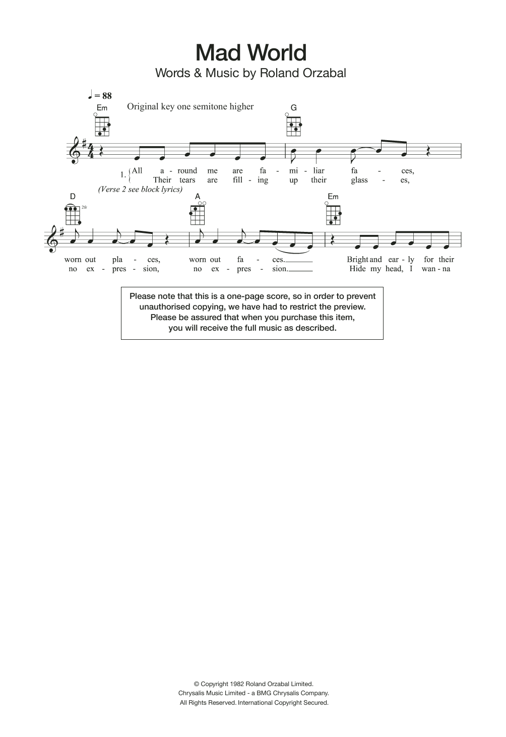 Michael Andrews Mad World (feat. Gary Jules) Sheet Music Notes & Chords for Ukulele - Download or Print PDF