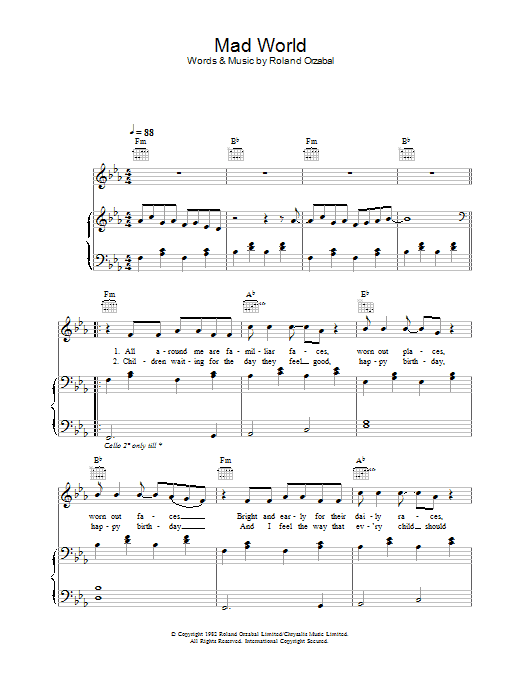 Gary Jules Mad World Sheet Music Notes & Chords for Keyboard - Download or Print PDF
