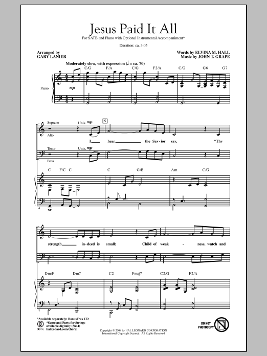 John T. Grape Jesus Paid It All (arr. Gary Lanier) Sheet Music Notes & Chords for SATB - Download or Print PDF