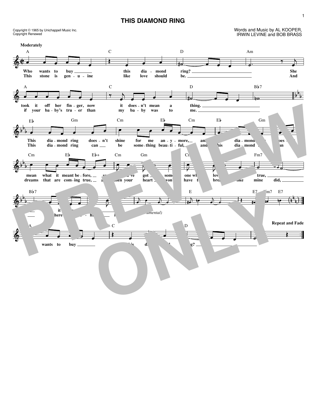 Gary Lewis & The Playboys This Diamond Ring Sheet Music Notes & Chords for Melody Line, Lyrics & Chords - Download or Print PDF