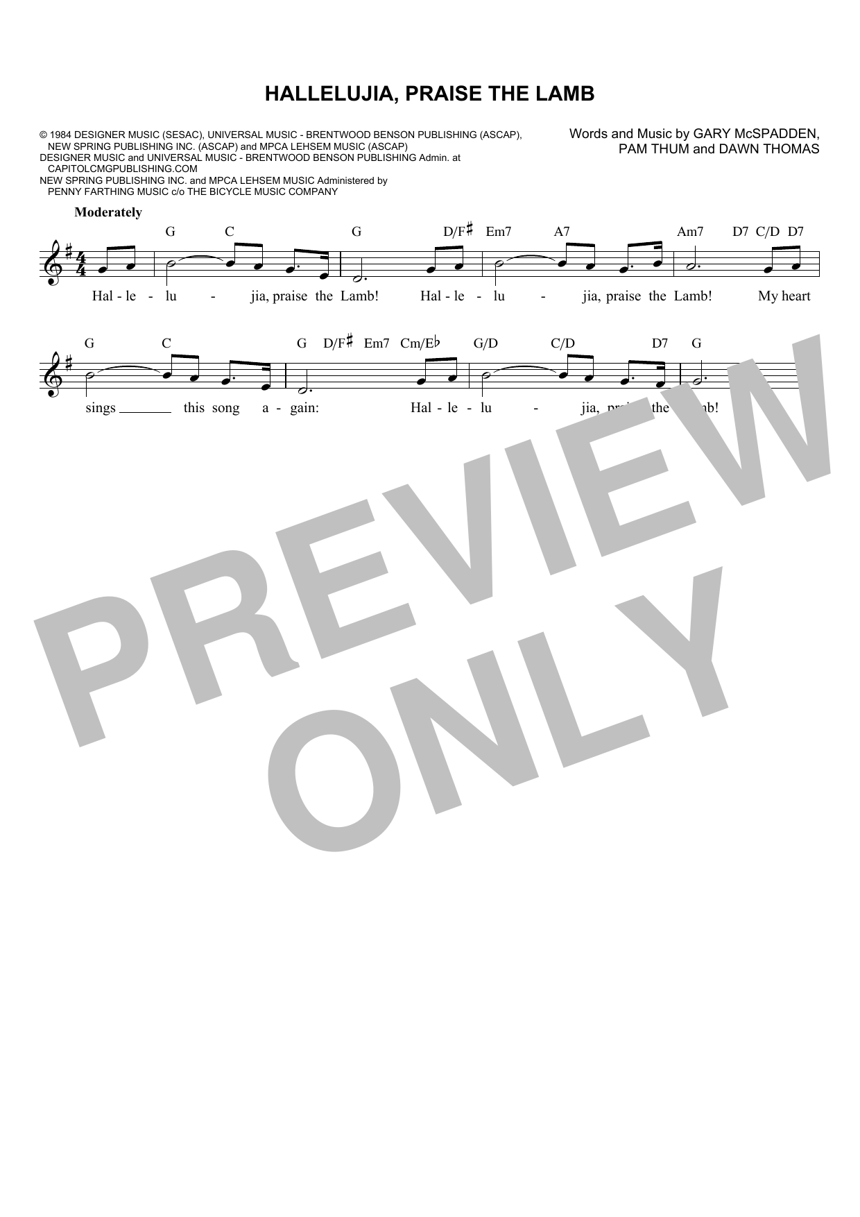 Gary McSpadden Hallelujia, Praise The Lamb Sheet Music Notes & Chords for Melody Line, Lyrics & Chords - Download or Print PDF