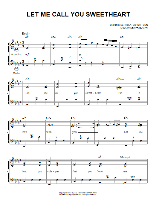 Gary Meisner Let Me Call You Sweetheart Sheet Music Notes & Chords for Accordion - Download or Print PDF