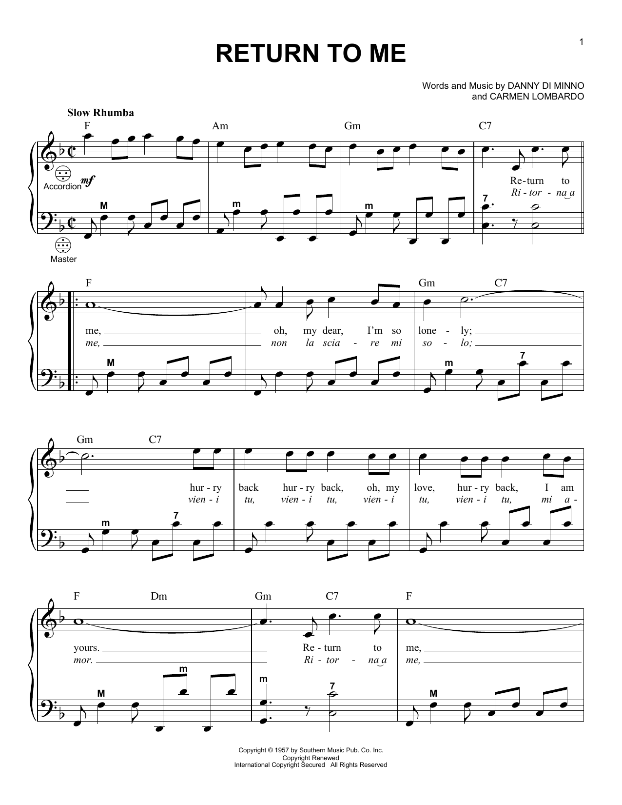 Gary Meisner Return To Me Sheet Music Notes & Chords for Accordion - Download or Print PDF