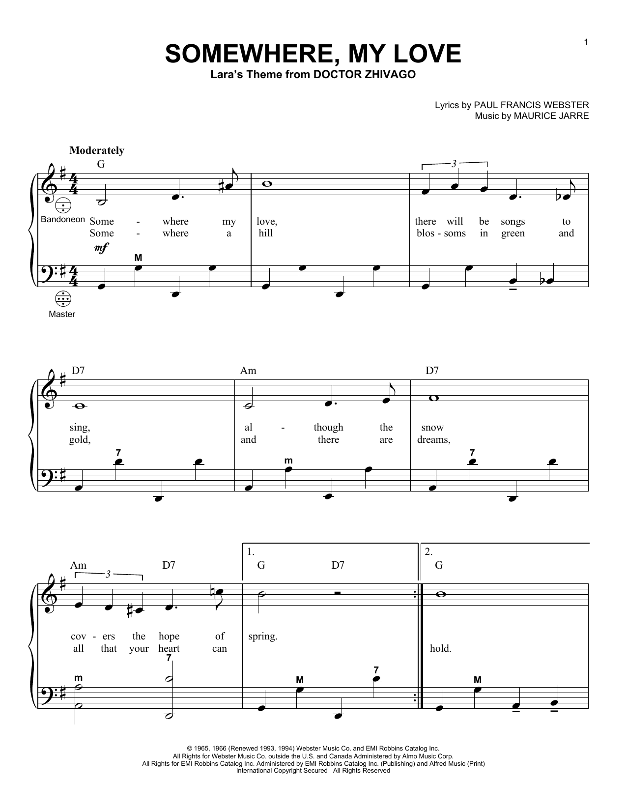 Gary Meisner Somewhere, My Love Sheet Music Notes & Chords for Accordion - Download or Print PDF