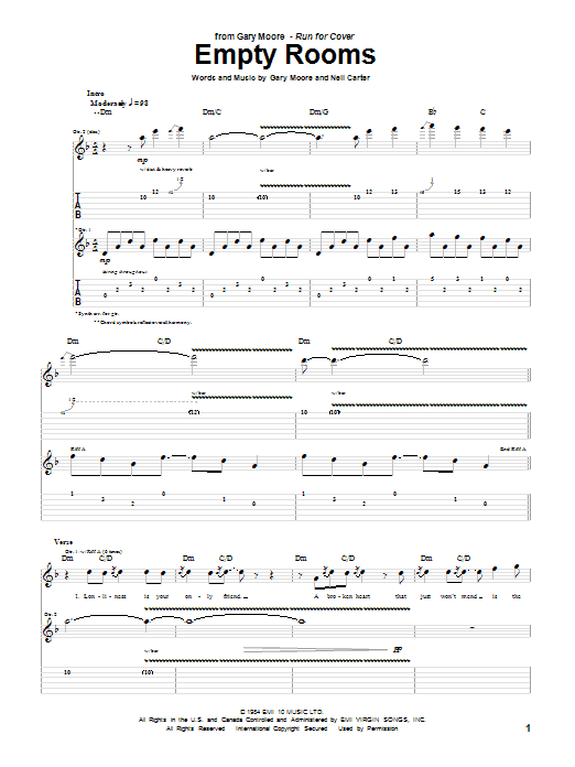 Gary Moore Empty Rooms Sheet Music Notes & Chords for Guitar Tab - Download or Print PDF