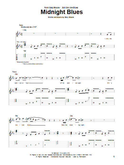 Gary Moore Midnight Blues Sheet Music Notes & Chords for Guitar Tab Play-Along - Download or Print PDF
