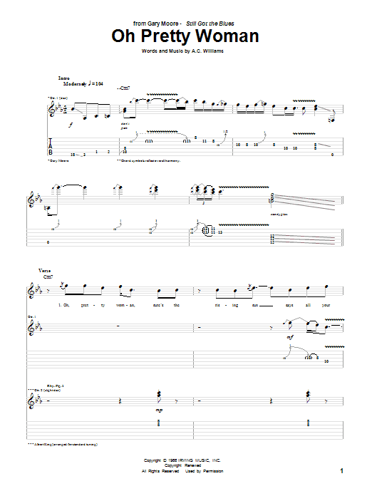 Gary Moore Oh Pretty Woman Sheet Music Notes & Chords for Guitar Tab - Download or Print PDF