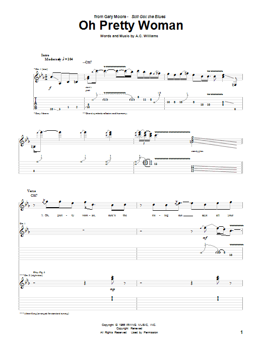 Gary Moore Oh Pretty Woman Sheet Music Notes & Chords for Guitar Tab Play-Along - Download or Print PDF