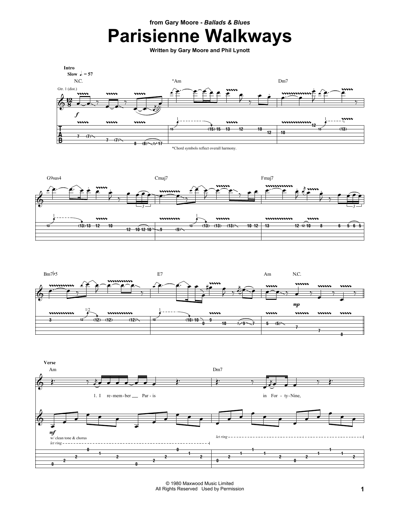 Gary Moore Parisienne Walkways Sheet Music Notes & Chords for Guitar Tab - Download or Print PDF