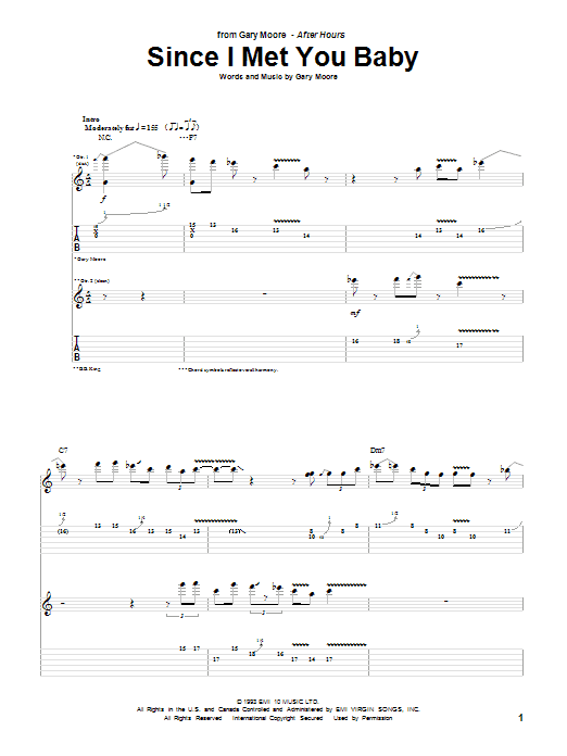 Gary Moore Since I Met You Baby Sheet Music Notes & Chords for Guitar Tab - Download or Print PDF