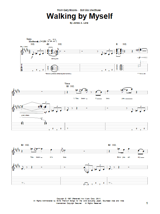 Gary Moore Walking By Myself Sheet Music Notes & Chords for Guitar Tab - Download or Print PDF