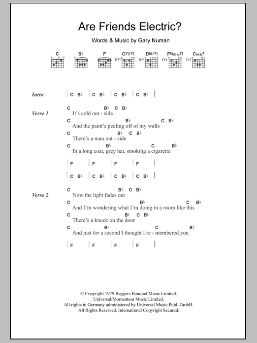 Gary Numan Are 'Friends' Electric? Sheet Music Notes & Chords for Lyrics & Chords - Download or Print PDF