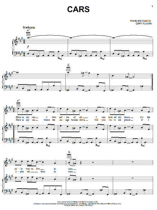 Gary Numan Cars Sheet Music Notes & Chords for Melody Line, Lyrics & Chords - Download or Print PDF