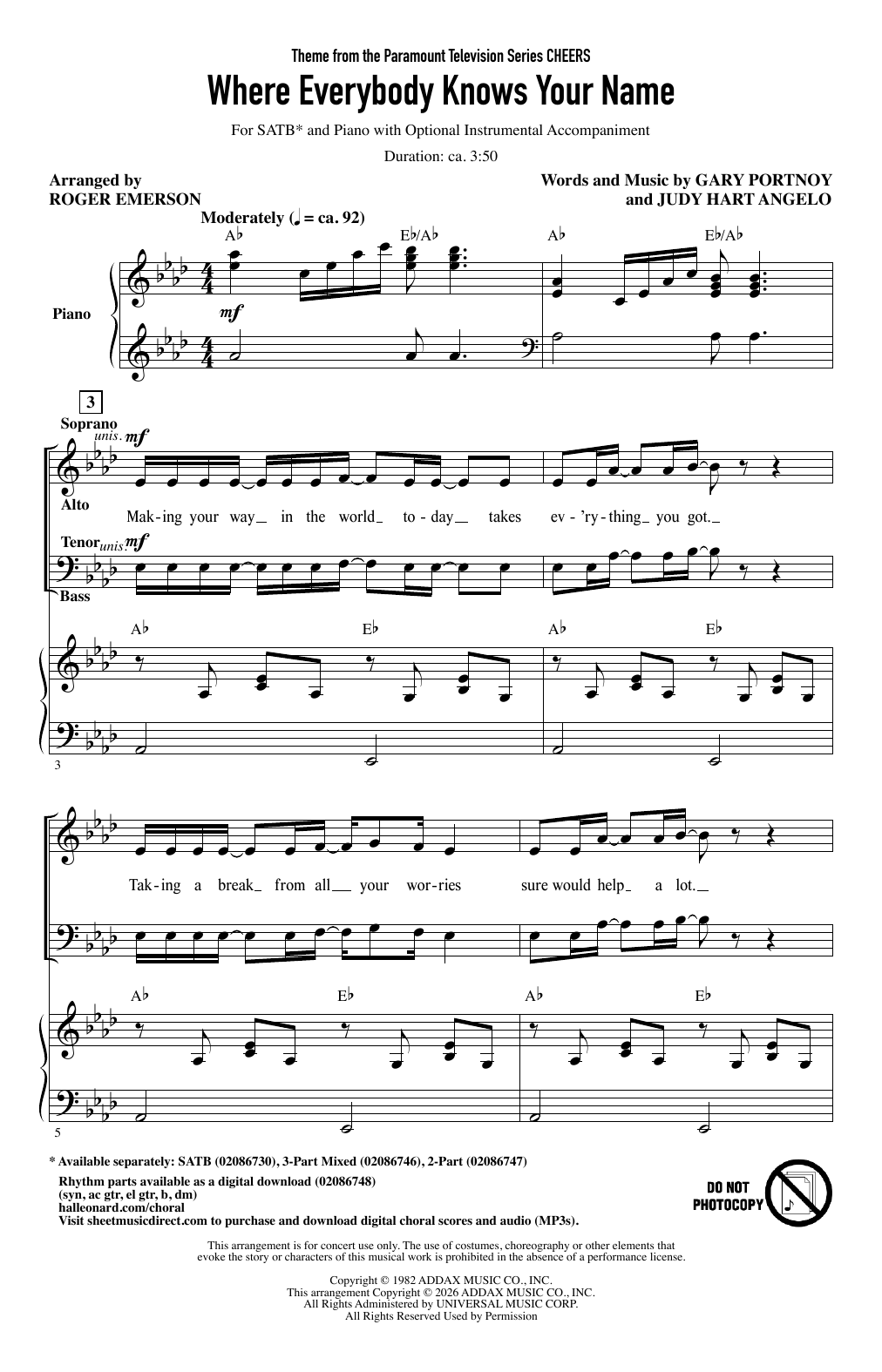 Gary Portnoy Where Everybody Knows Your Name (arr. Roger Emerson) Sheet Music Notes & Chords for SATB Choir - Download or Print PDF
