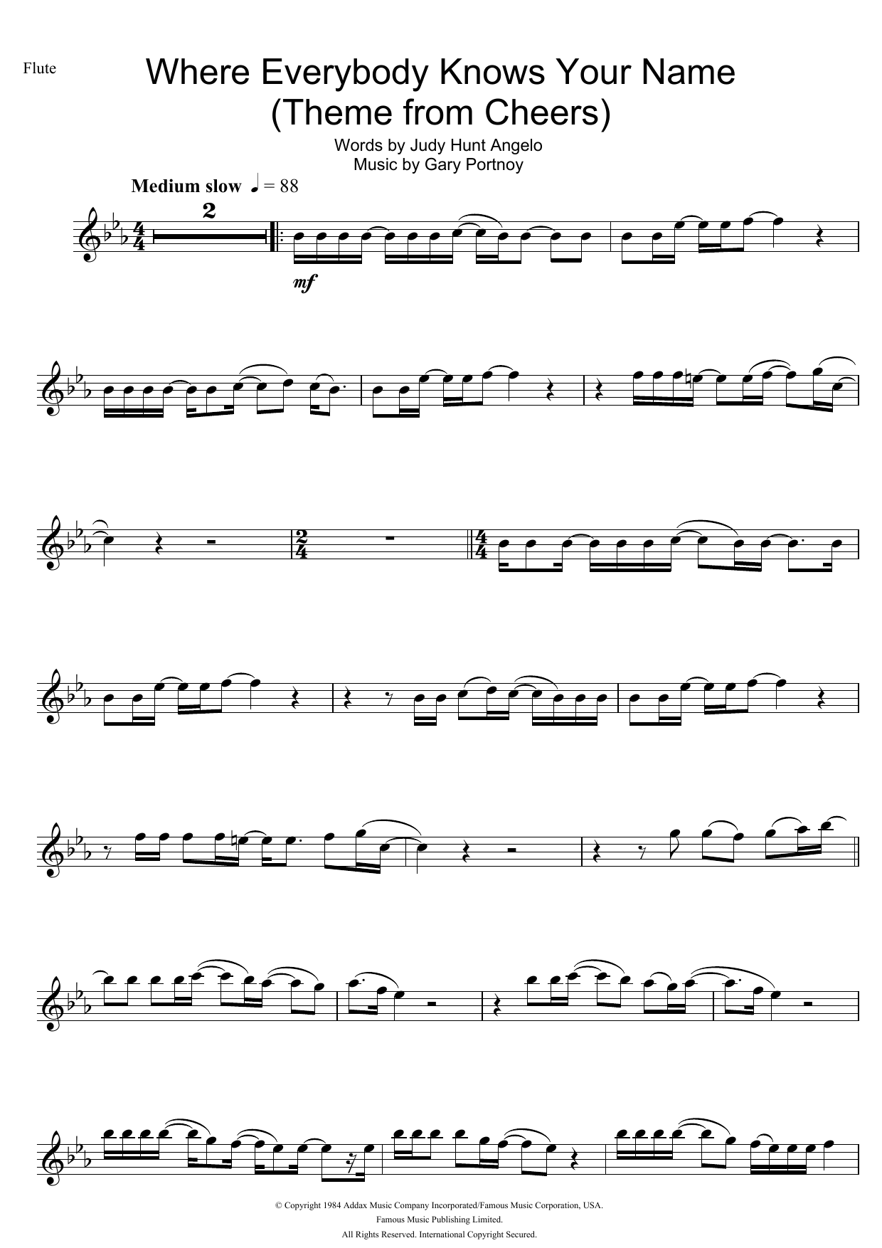 Gary Portnoy Where Everybody Knows Your Name (Theme from Cheers) Sheet Music Notes & Chords for Flute - Download or Print PDF