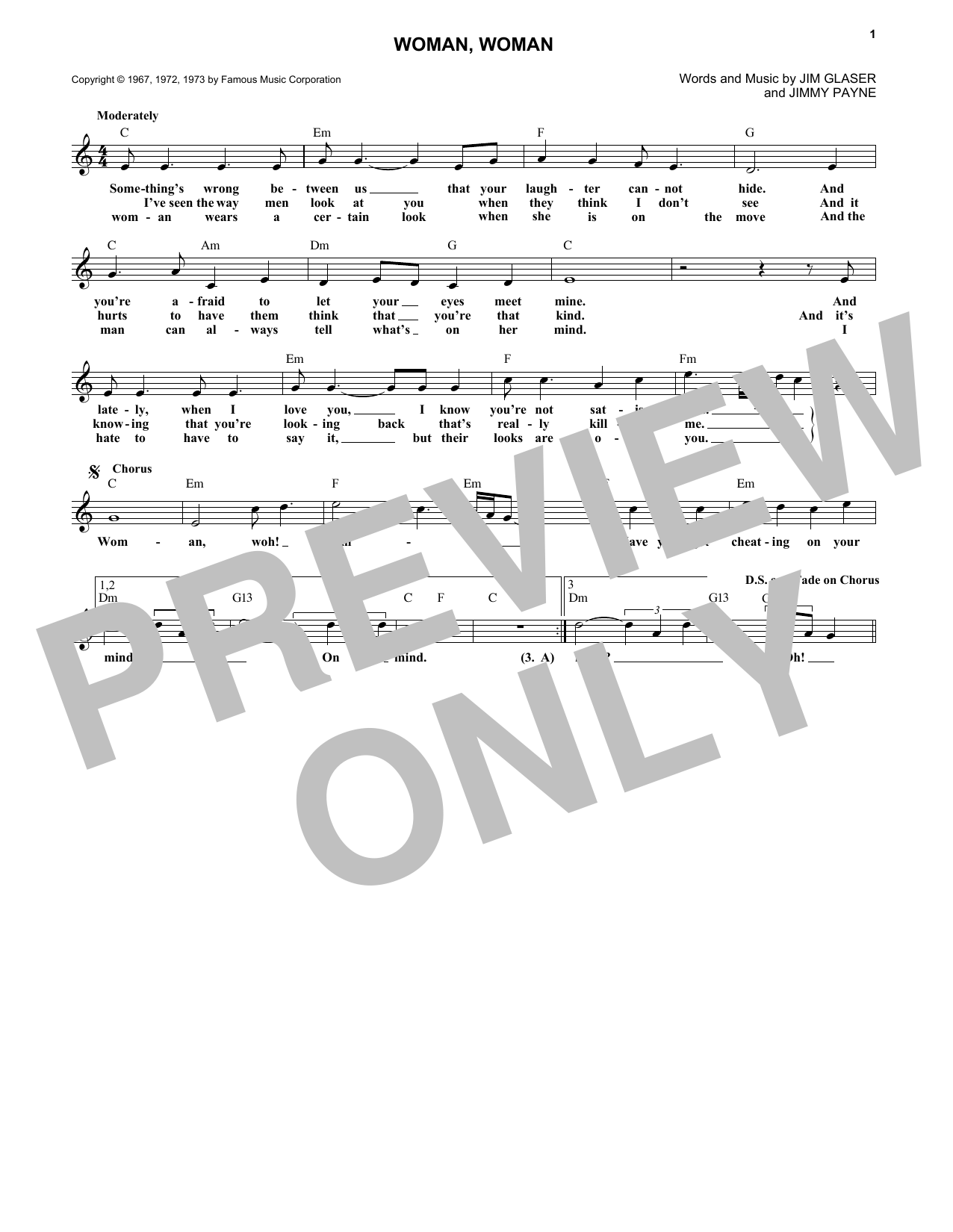 Gary Puckett & The Union Gap Woman, Woman Sheet Music Notes & Chords for Melody Line, Lyrics & Chords - Download or Print PDF