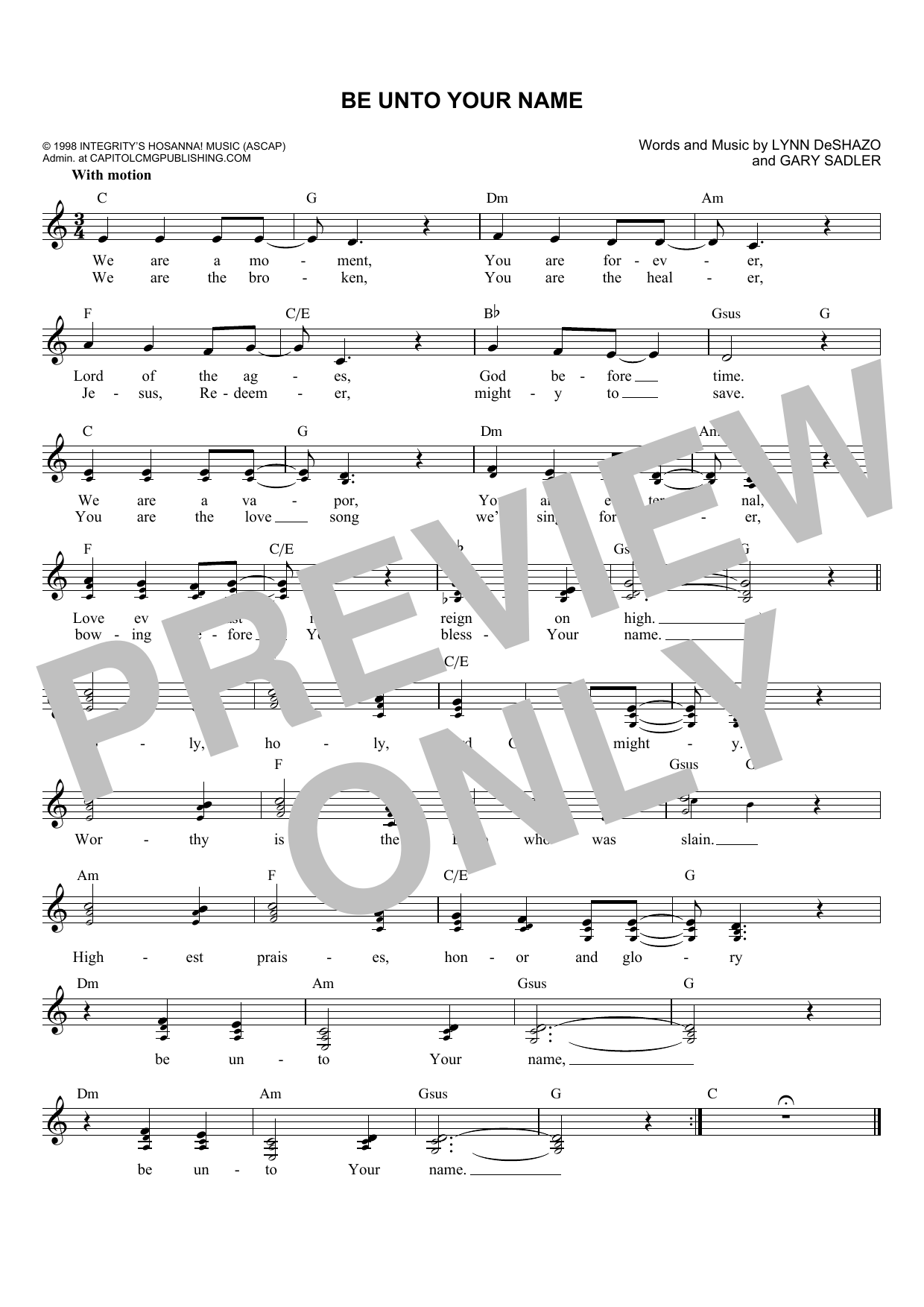 Gary Sadler Be Unto Your Name Sheet Music Notes & Chords for Melody Line, Lyrics & Chords - Download or Print PDF