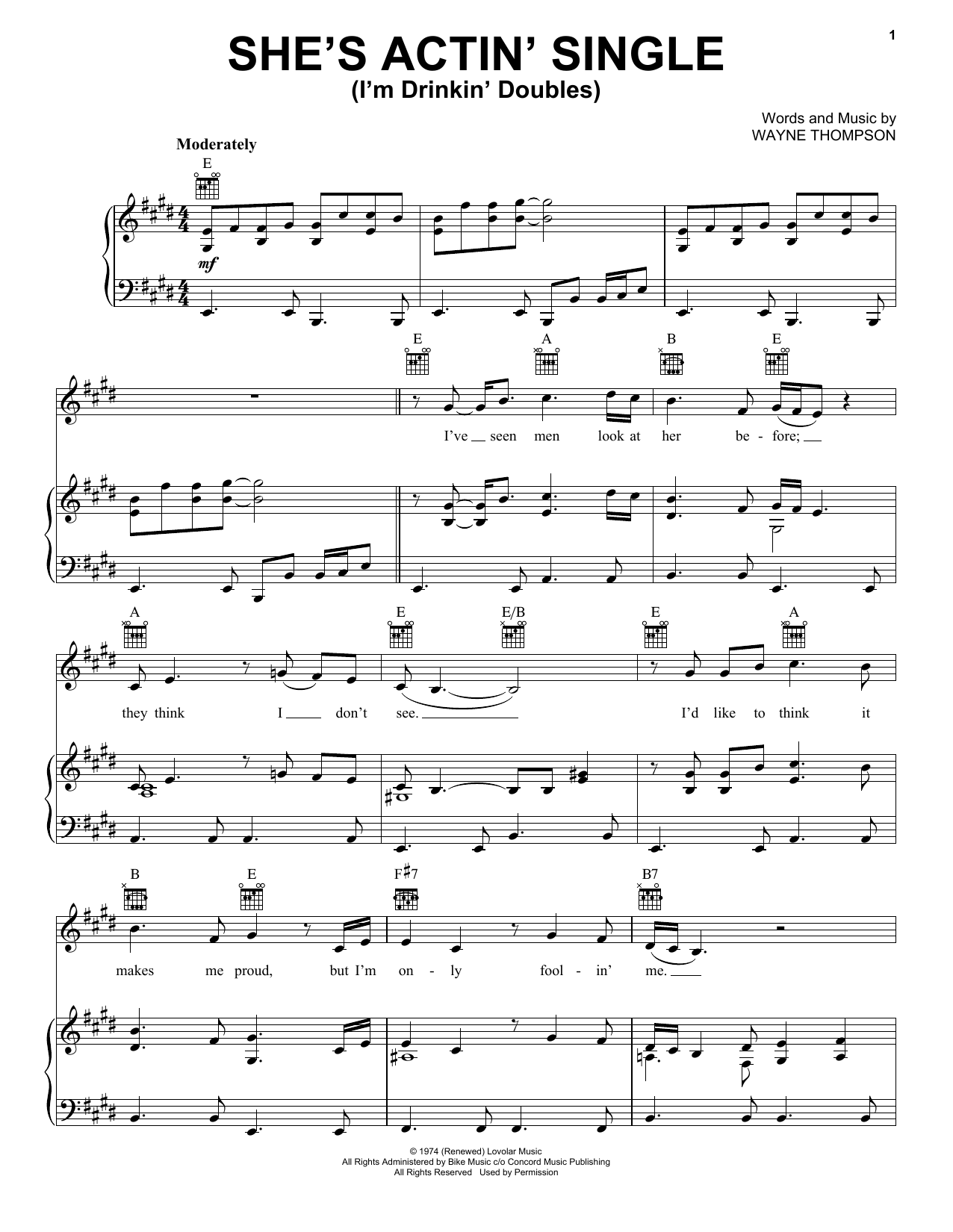 Gary Stewart She's Actin' Single (I'm Drinkin' Doubles) Sheet Music Notes & Chords for Piano, Vocal & Guitar (Right-Hand Melody) - Download or Print PDF